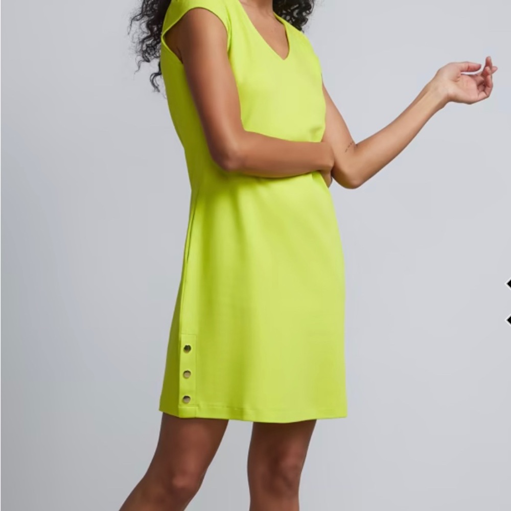 New York & Company Neon Yellow V-Neck Cap Sleeve Shift Dress